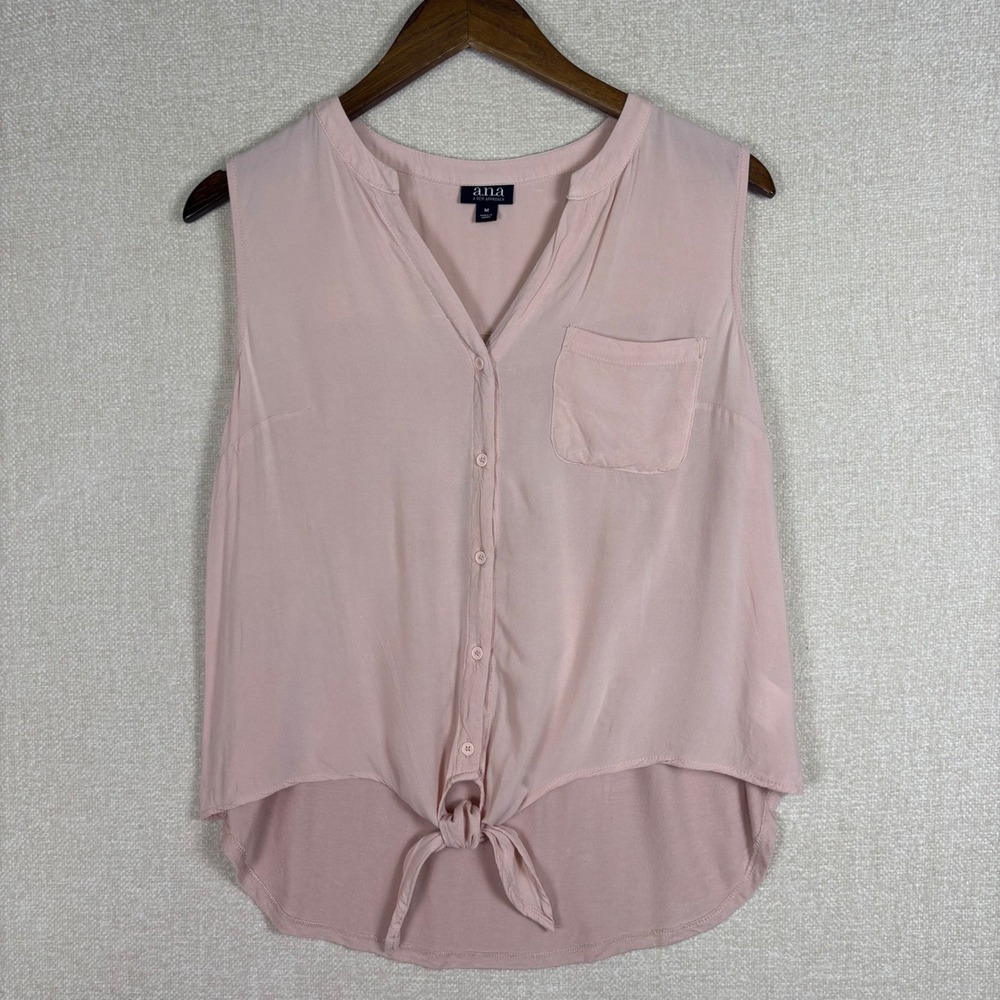 ANA Tie Front Button Up Blouse Soft Pink Womens Medium Lightweight Flowy Fit